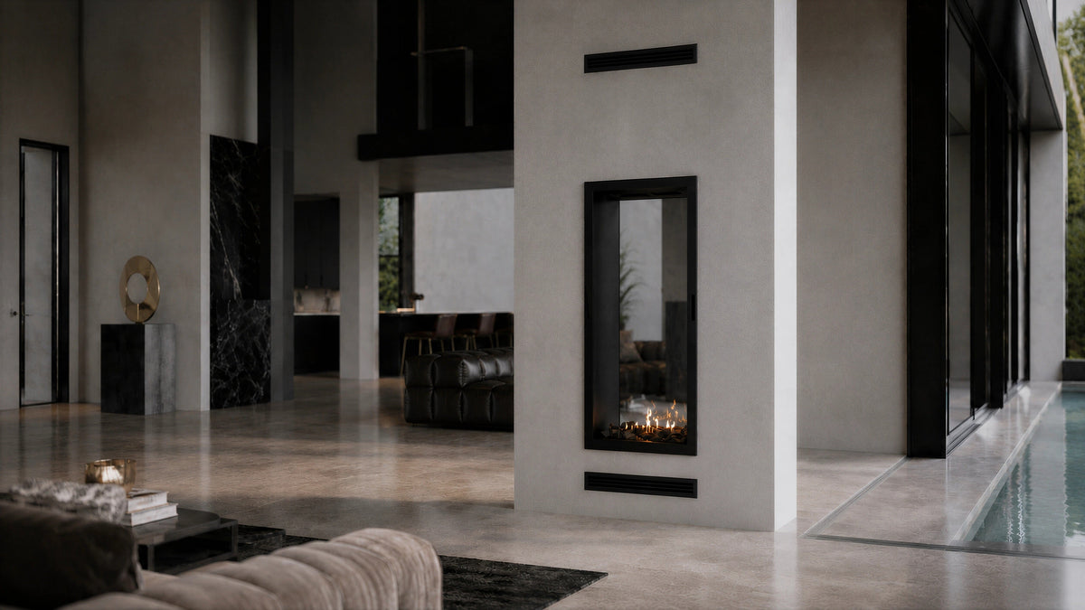Wild Flame Fame verticale bio-ethanol doorkijkhaard met volle glas 60 x 100 cm – sfeerfoto