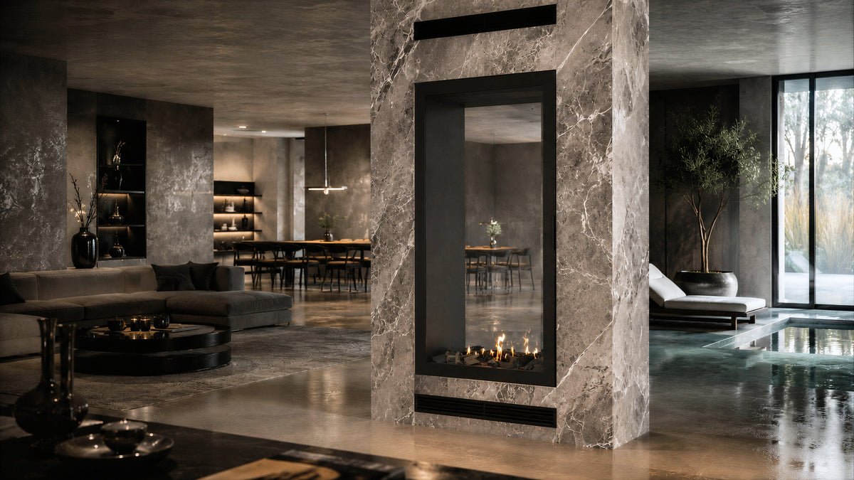 Wild Flame Fame verticale bio-ethanol doorkijkhaard met volle glas 60 x 140 cm – sfeerfoto