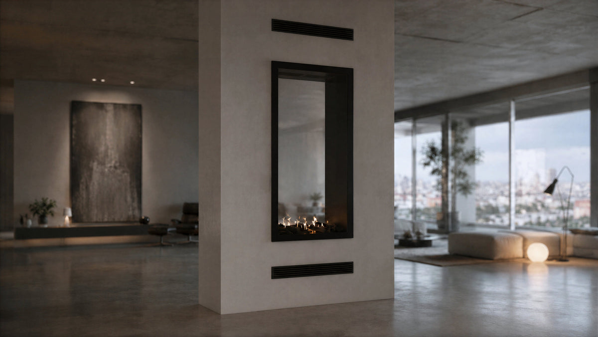 Wild Flame Fame verticale bio-ethanol doorkijkhaard met volle glas 60 x 200 cm – sfeerfoto