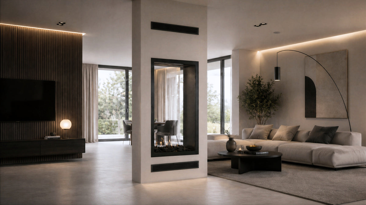 Wild Flame Fame verticale bio-ethanol doorkijkhaard met volle glas 70 x 100 cm – sfeerfoto