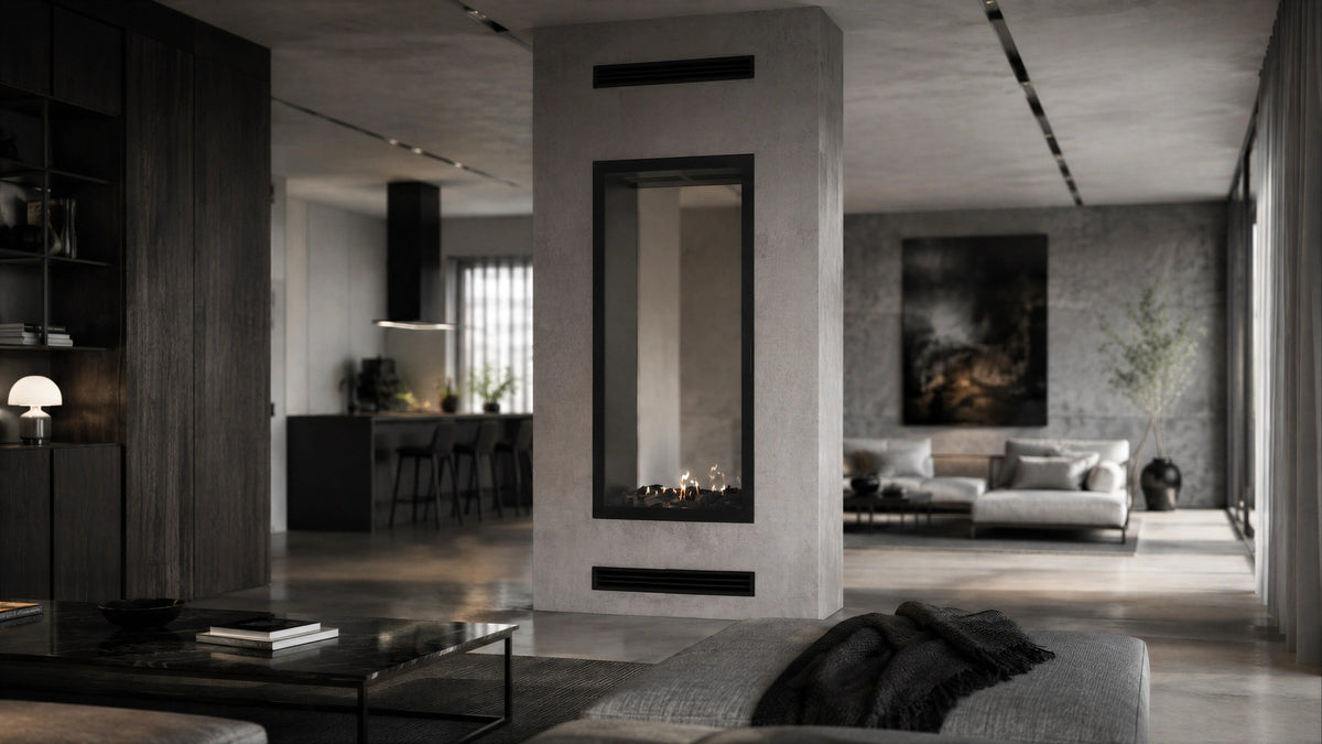Wild Flame Fame verticale bio-ethanol doorkijkhaard met volle glas 70 x 120 cm – sfeerfoto