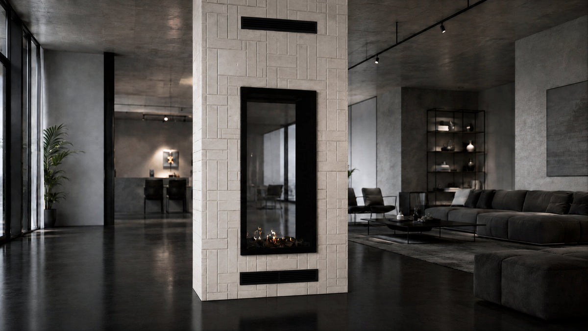 Wild Flame Fame verticale bio-ethanol doorkijkhaard met volle glas 70 x 140 cm – sfeerfoto