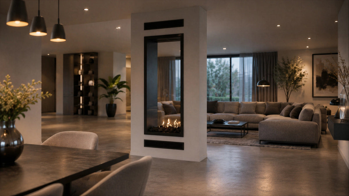 Wild Flame Fame verticale bio-ethanol doorkijkhaard met volle glas 70 x 180 cm – sfeerfoto