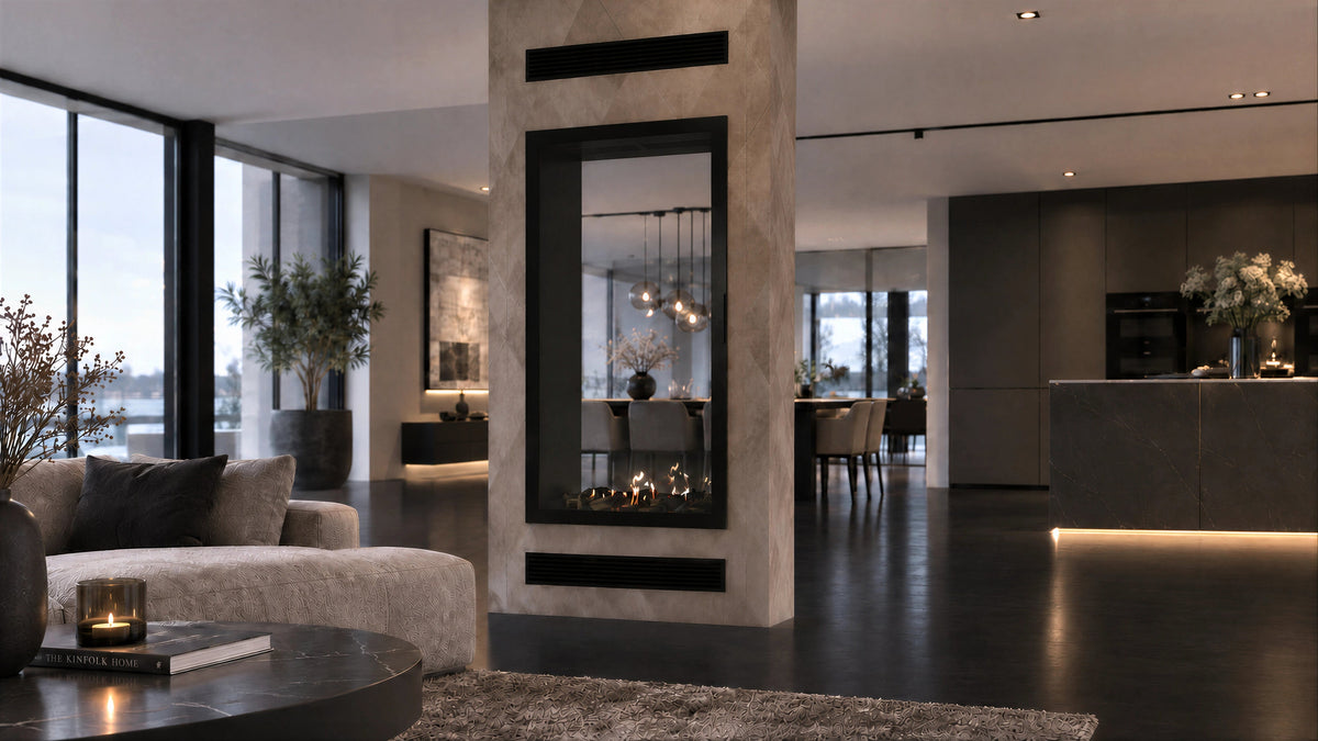 Wild Flame Fame verticale bio-ethanol doorkijkhaard met volle glas 70 x 200 cm – sfeerfoto