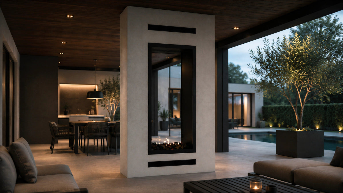 Wild Flame Fame verticale bio-ethanol doorkijkhaard met volle glas 80 x 140 cm – sfeerfoto