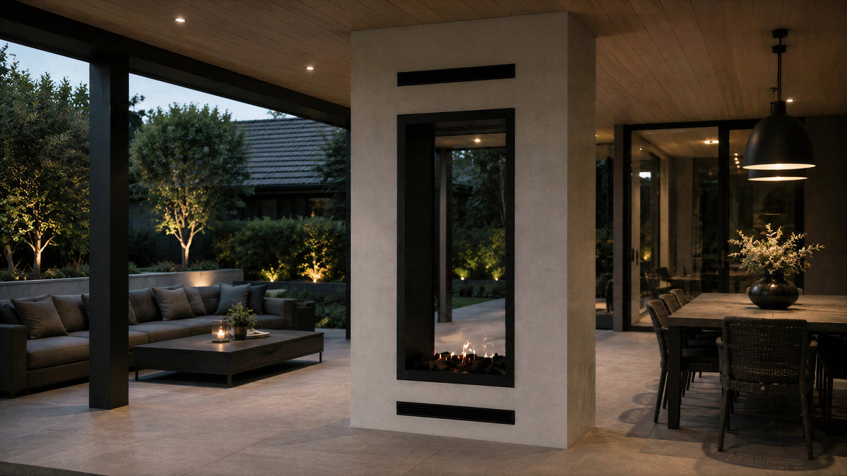 Wild Flame Fame verticale bio-ethanol doorkijkhaard met volle glas 80 x 160 cm – sfeerfoto