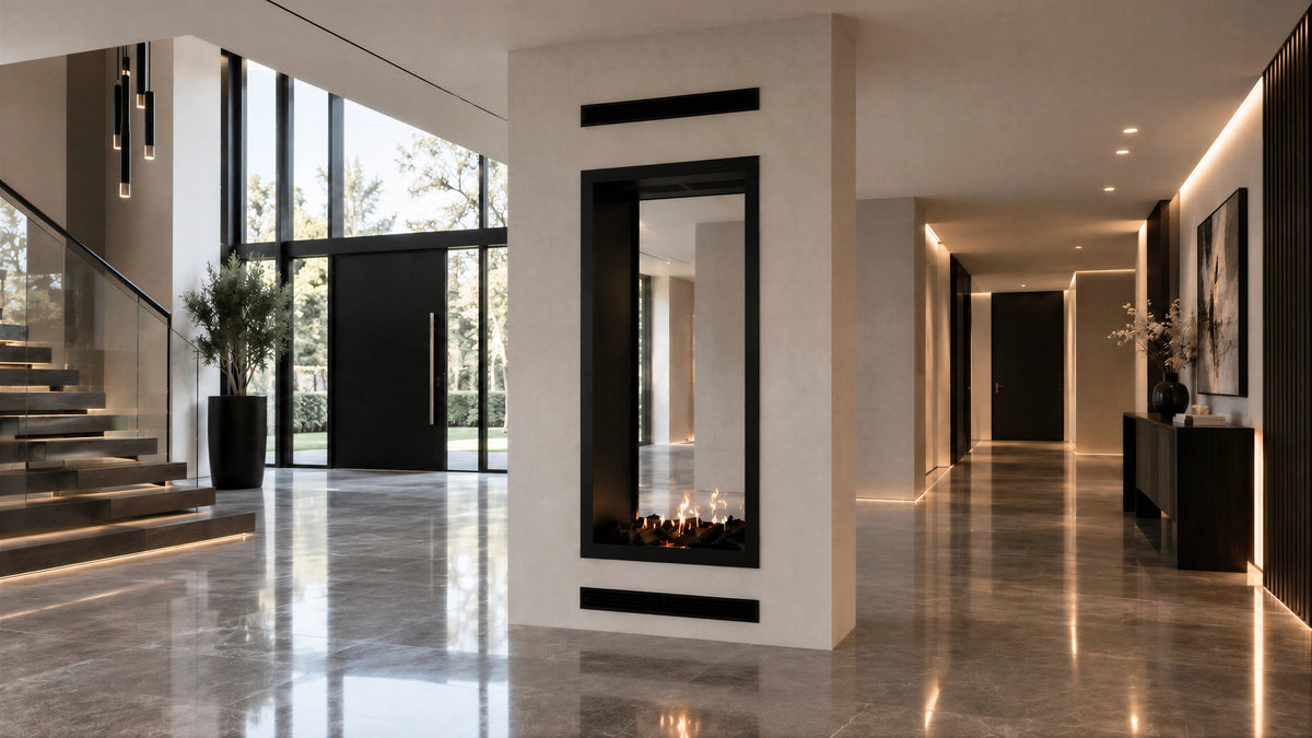 Wild Flame Fame verticale bio-ethanol doorkijkhaard met volle glas 80 x 200 cm – sfeerfoto