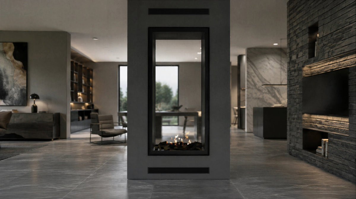 Wild Flame Fame verticale bio-ethanol doorkijkhaard met volle glas 90 x 100 cm – sfeerfoto
