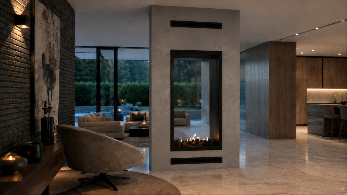 Wild Flame Fame verticale bio-ethanol doorkijkhaard met volle glas 90 x 140 cm – sfeerfoto