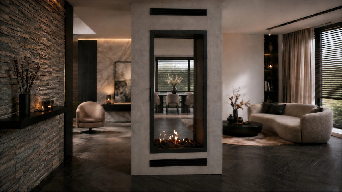 Wild Flame Fame verticale bio-ethanol doorkijkhaard met volle glas 90 x 200 cm – sfeerfoto
