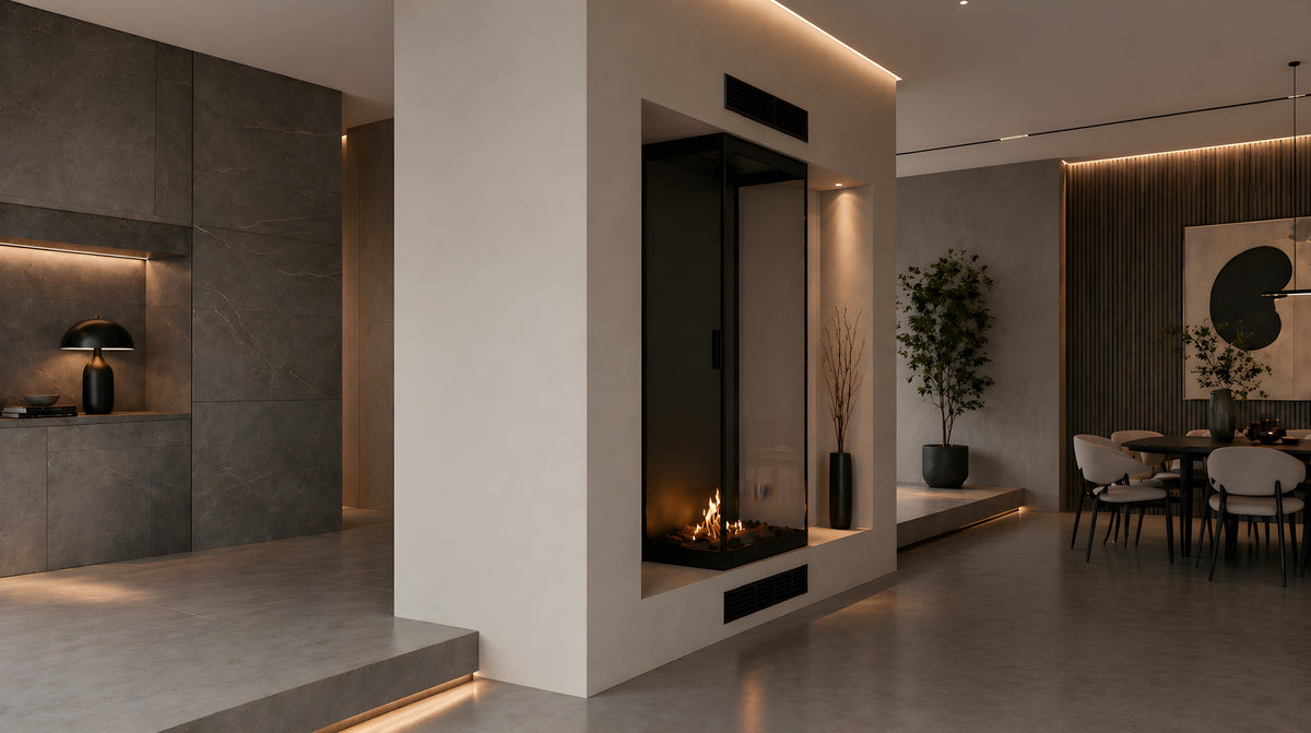 Wild Flame Made verticale driezijdige bio-ethanol roomdivider met volle glas 80 x 100 cm – sfeerfoto