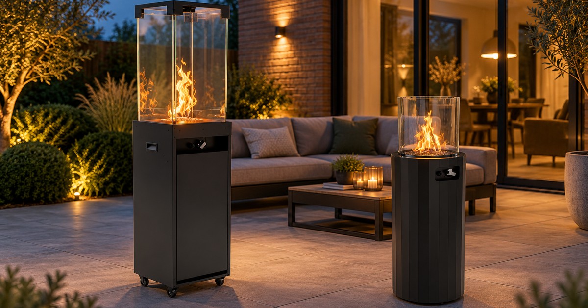 Planika Faro zwart en Planika Bino zwart samen op een terras: Faro 150 cm, Bino 102,5 cm