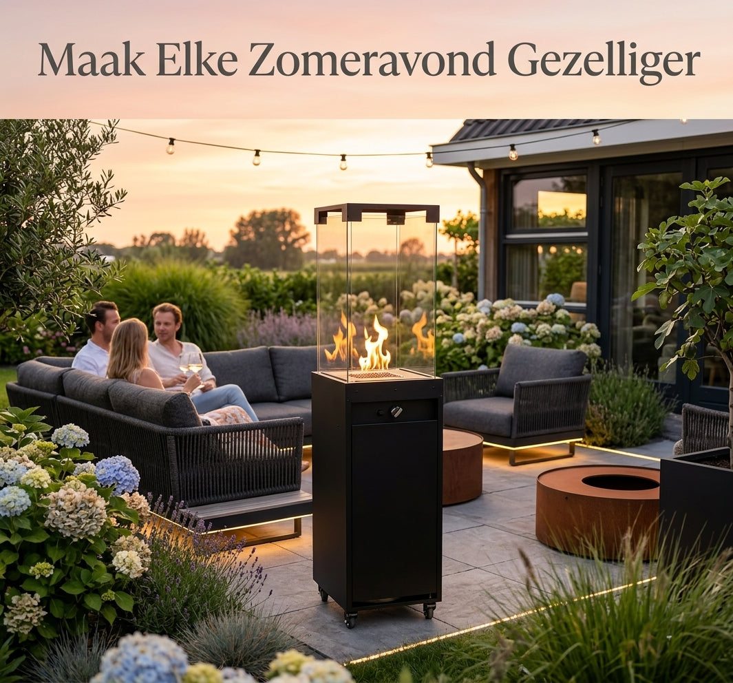 Planika Faro gashaard voor buiten met warme vlammen op een Nederlands terras in de avond