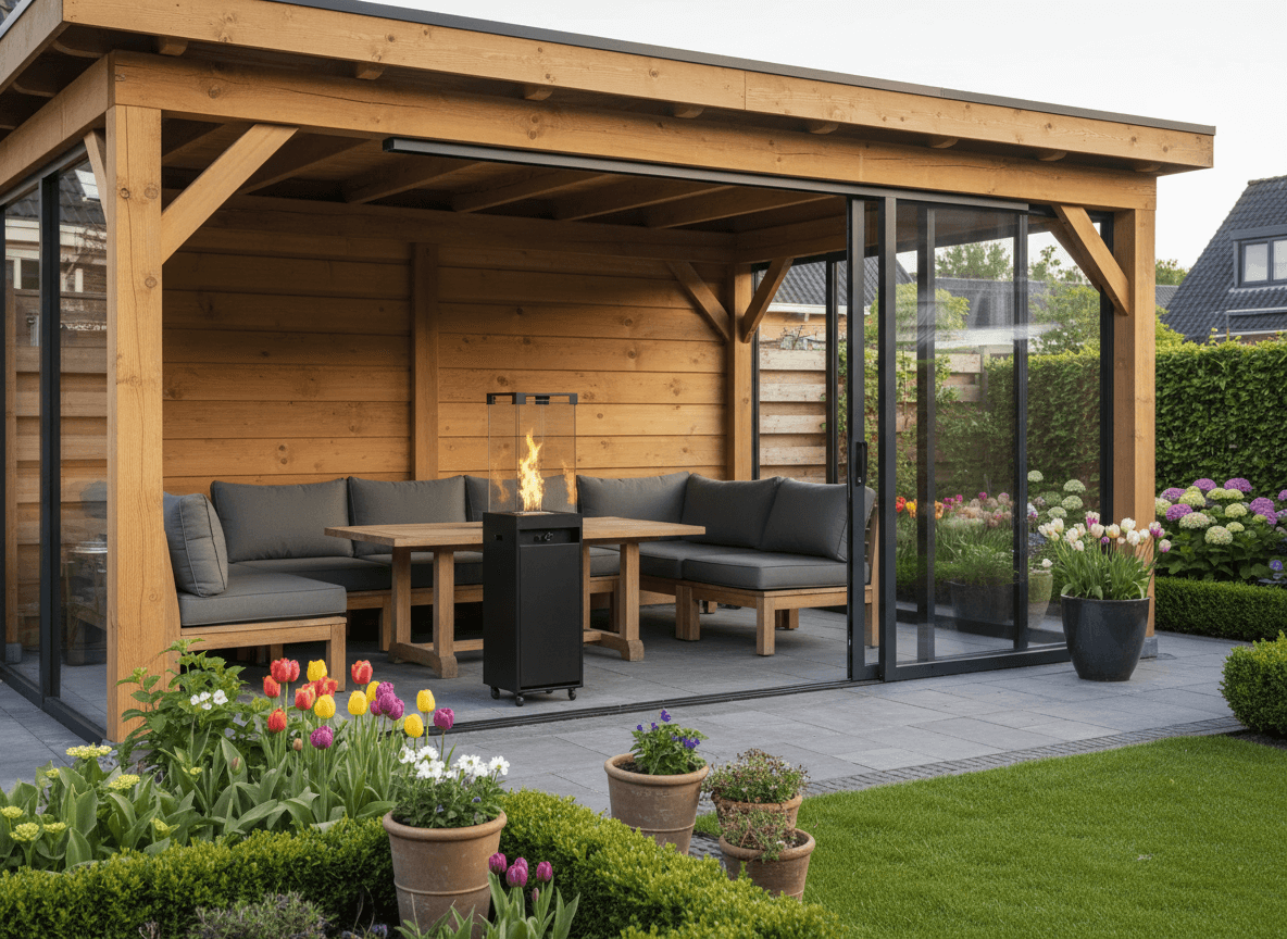 Planika Faro buitenhaard op gas in een Nederlandse tuin met warme vlammen en stijlvolle sfeer, perfect voor gezellige avonden