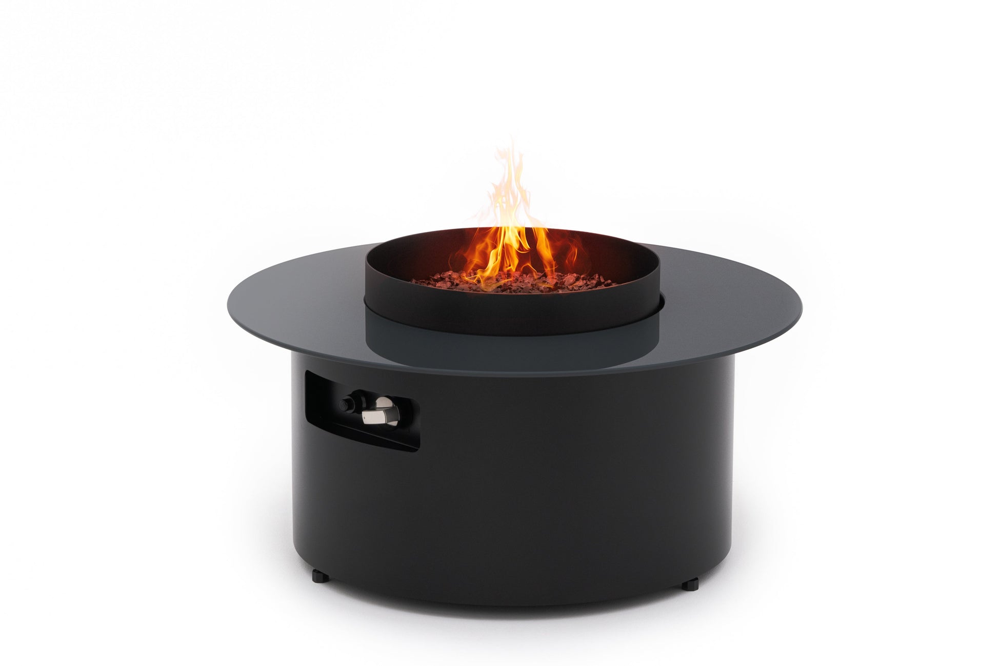 Vooraanzicht van de Dot Gas Vuurtafel van Planika, met modern design en keramisch tafelblad voor buitengebruik