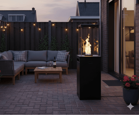 Patio Light zwarte gashaard van Kratki geplaatst op een modern Nederlands terras – stijlvolle terrasverwarmer voor warmte en luxe buitenleven