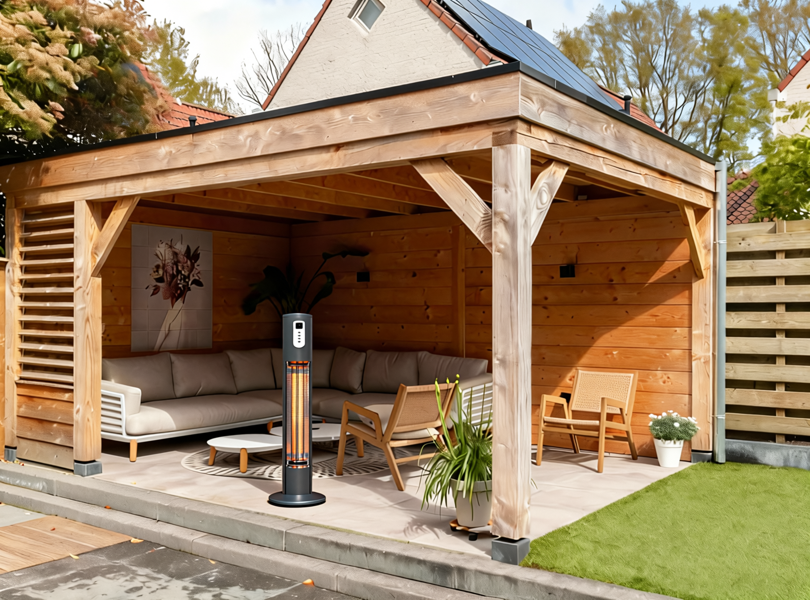 Infrarood Terrasheater – Vrijstaande Helios Terrasverwarmer voor Buiten | Infralia – buitenleven overkapping | sfeerfoto