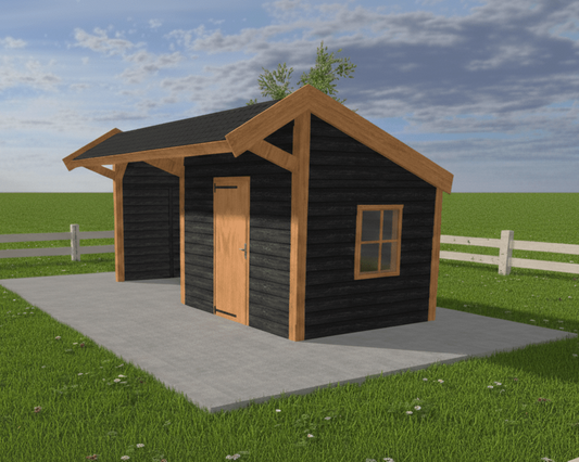 Douglas kapschuur met berging en matzwarte keramische dakpannen in moderne tuin, afgewerkt met zwart Zweeds rabat en royale overstek van 100 cm