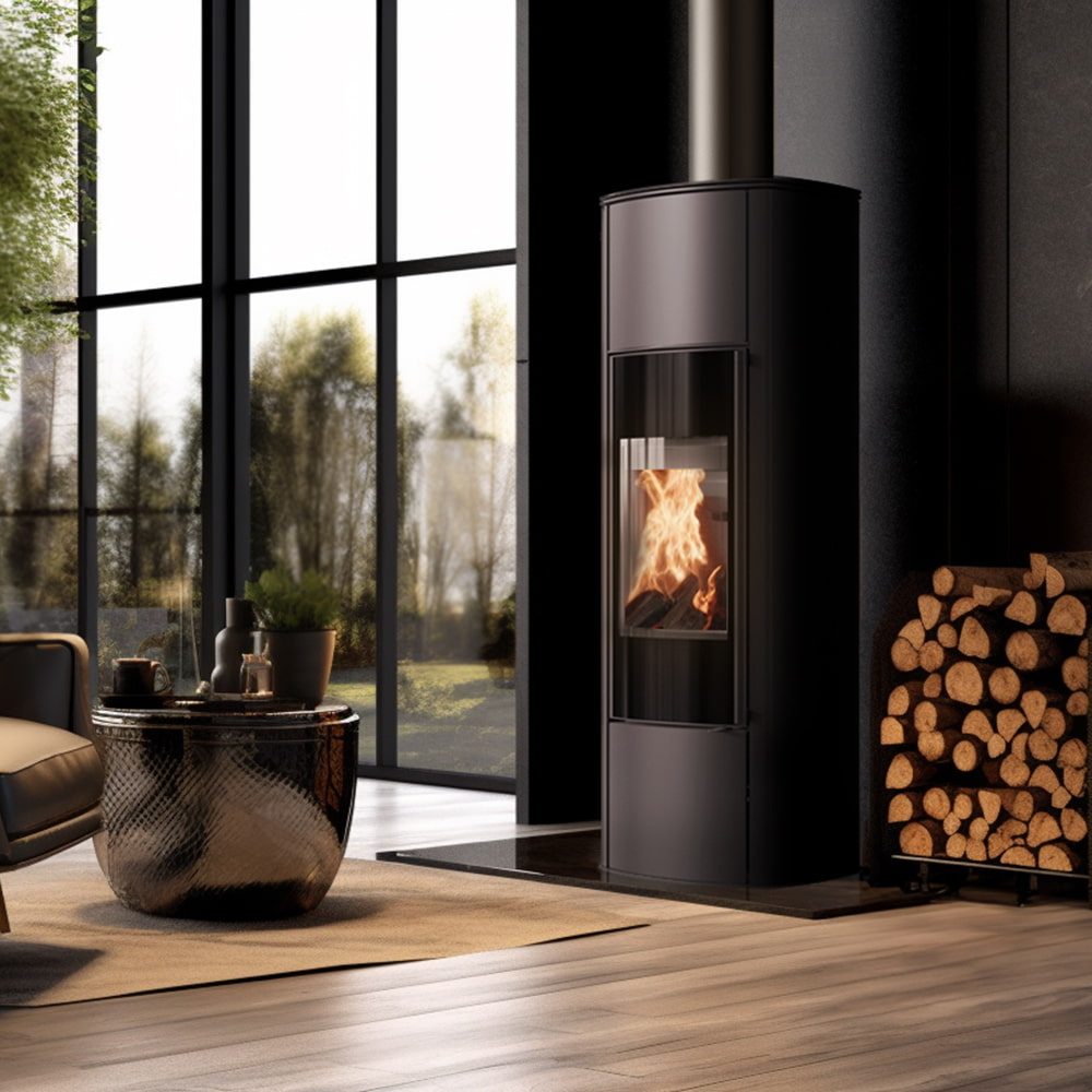 Kratki AB ENYO R W hoge houtkachel in een woonkamer