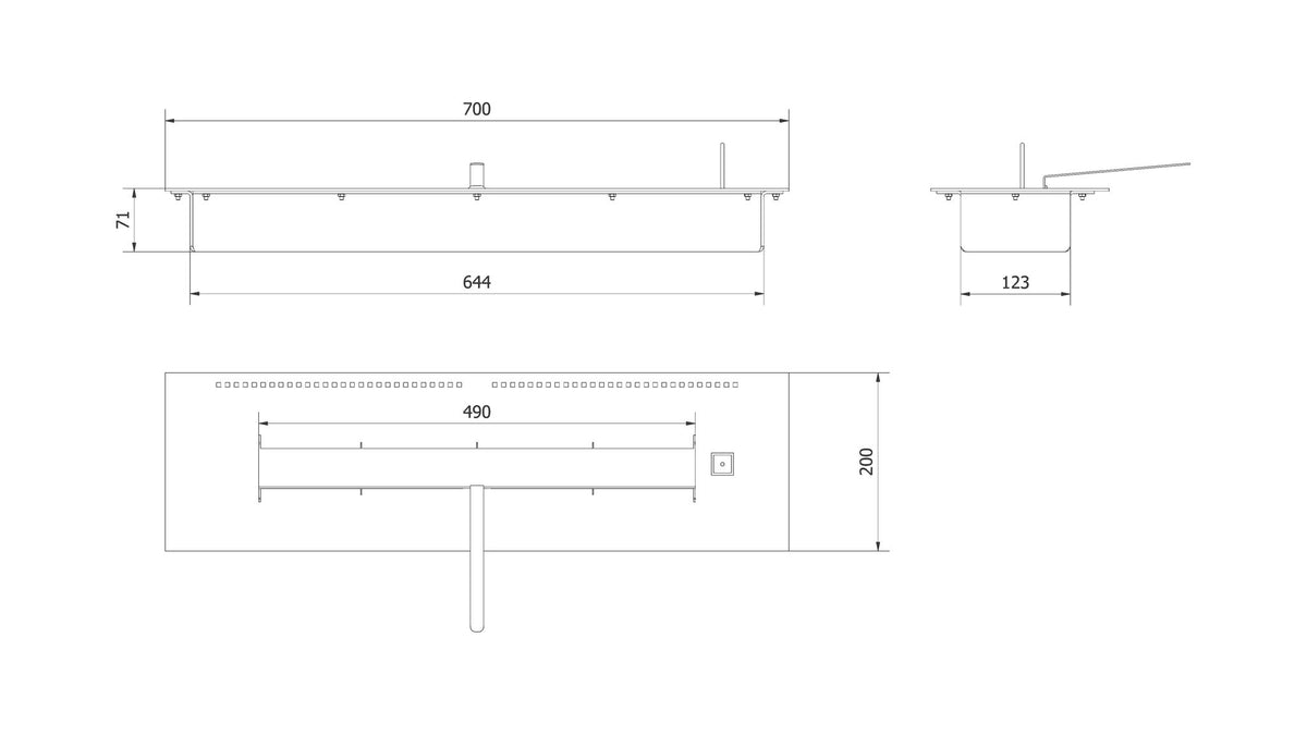 Technische tekening van de Kratki SPARK 700 brandercontainer