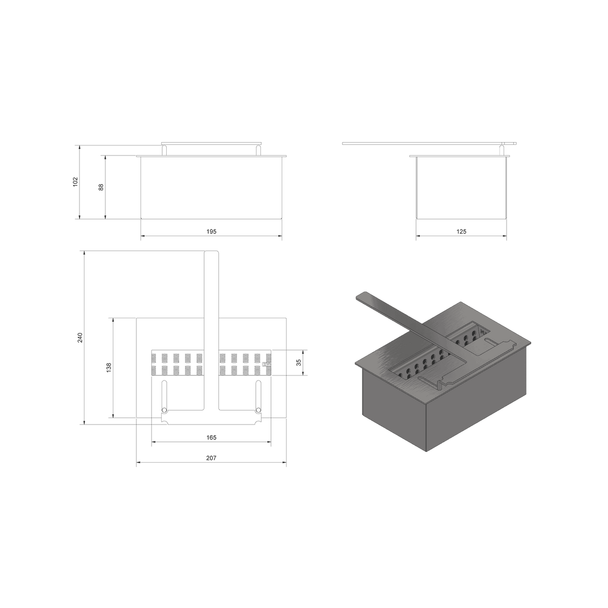 Technische tekening met maten van de Kratki BIOPOJEMNIK bio-ethanol inzet