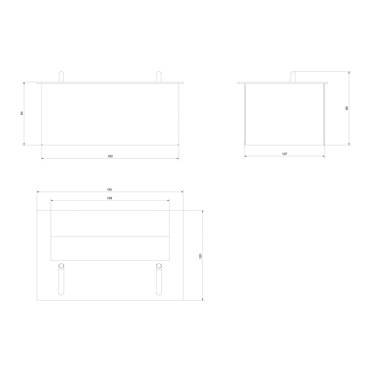 Technische tekening met afmetingen van de Kratki BIOPOJEMNIK XS