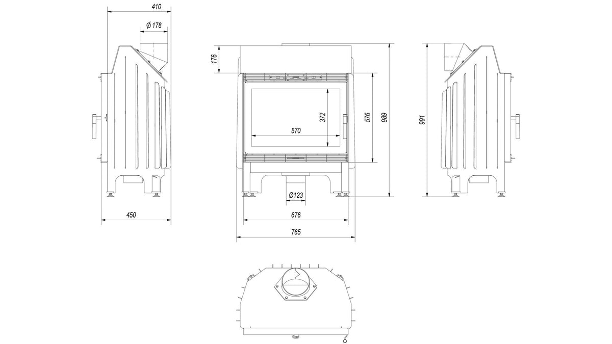 Kratki BLANKA 670/570 inbouwhaard hout 11 kW, recht model – technische tekening
