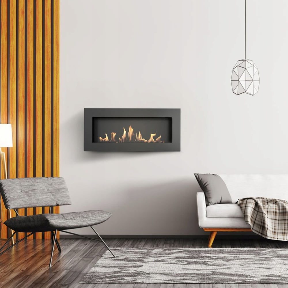 Kratki DELTA 2 SLIM bio-ethanol wandhaard aan de muur in de woonkamer