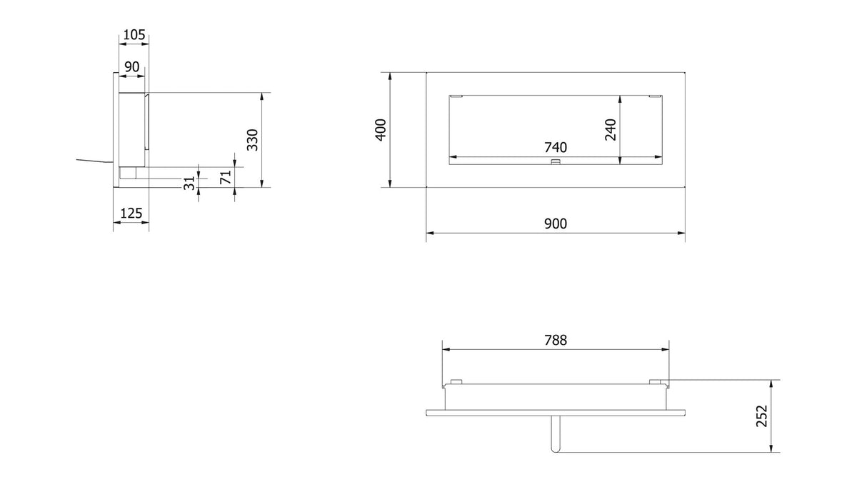 Technische tekening Kratki DELTA 2 SLIM bio-ethanol wandhaard