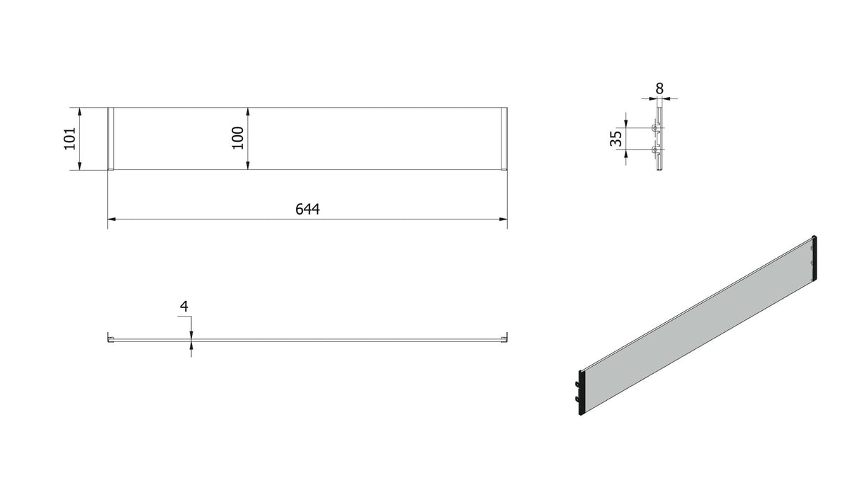 Technische tekening glazen scherm Kratki DELTA FLAT