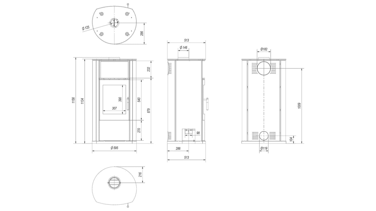 Technische tekening van de Kratki EPSILON houtkachel