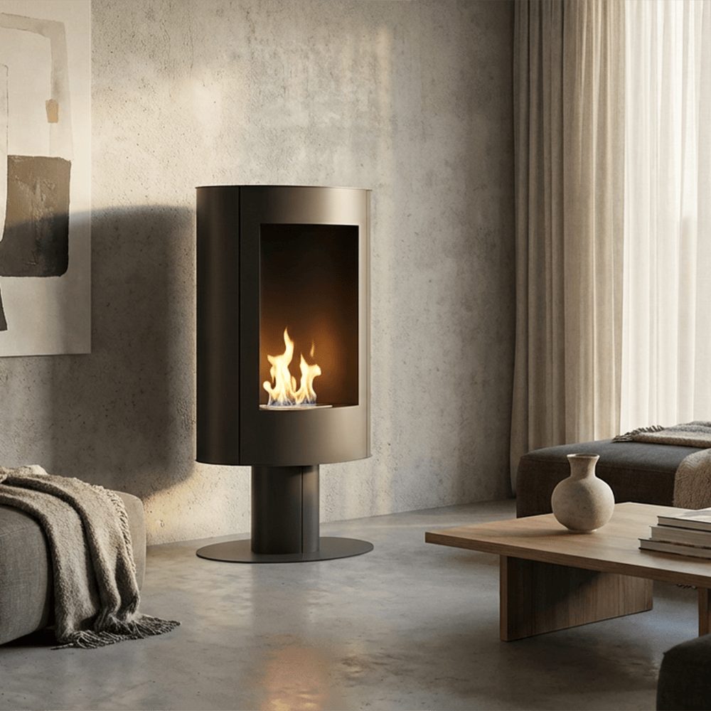 Kratki ERIK N bio-ethanol kachel op voet in een modern interieur