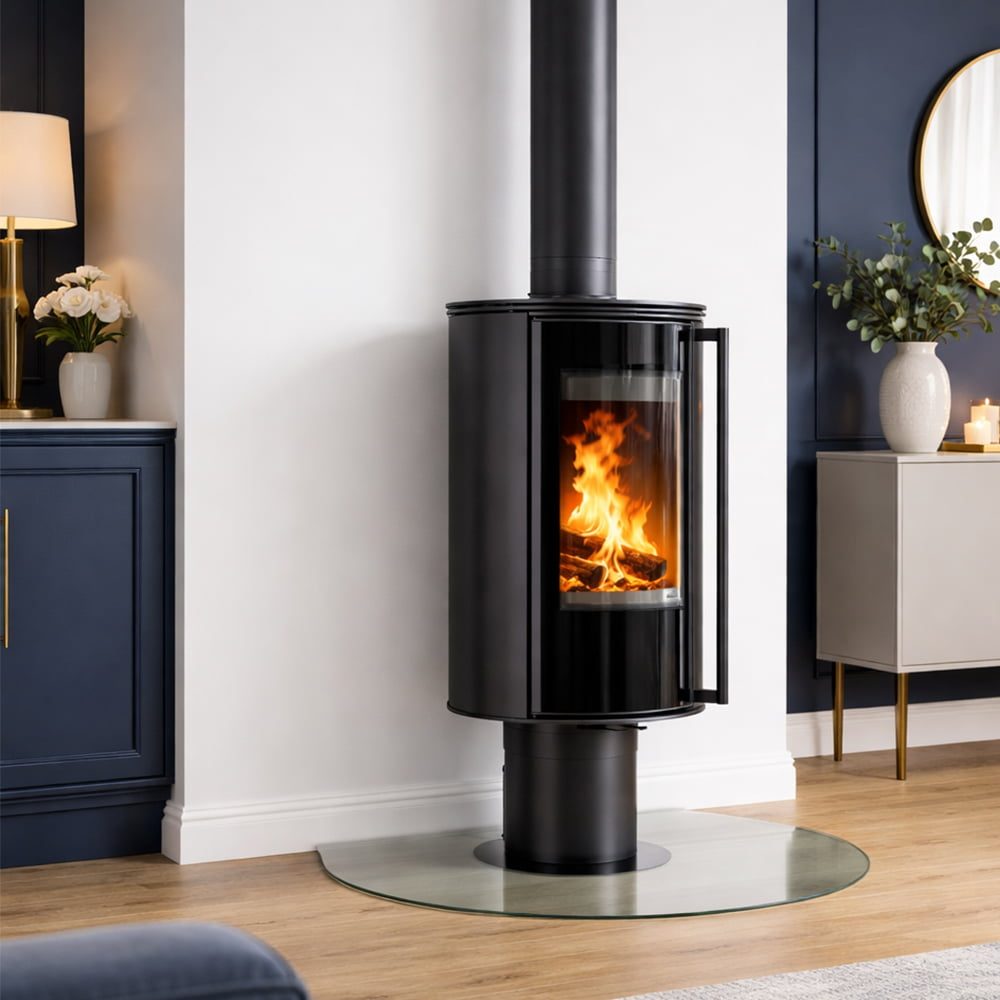 Kratki ERIK N/O draaibare houtkachel op voet in een modern interieur
