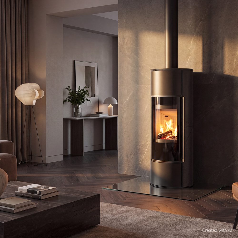 Kratki ERIK W hoher Kaminofen mit Keramik in Graphit-Satin in einem Interieur