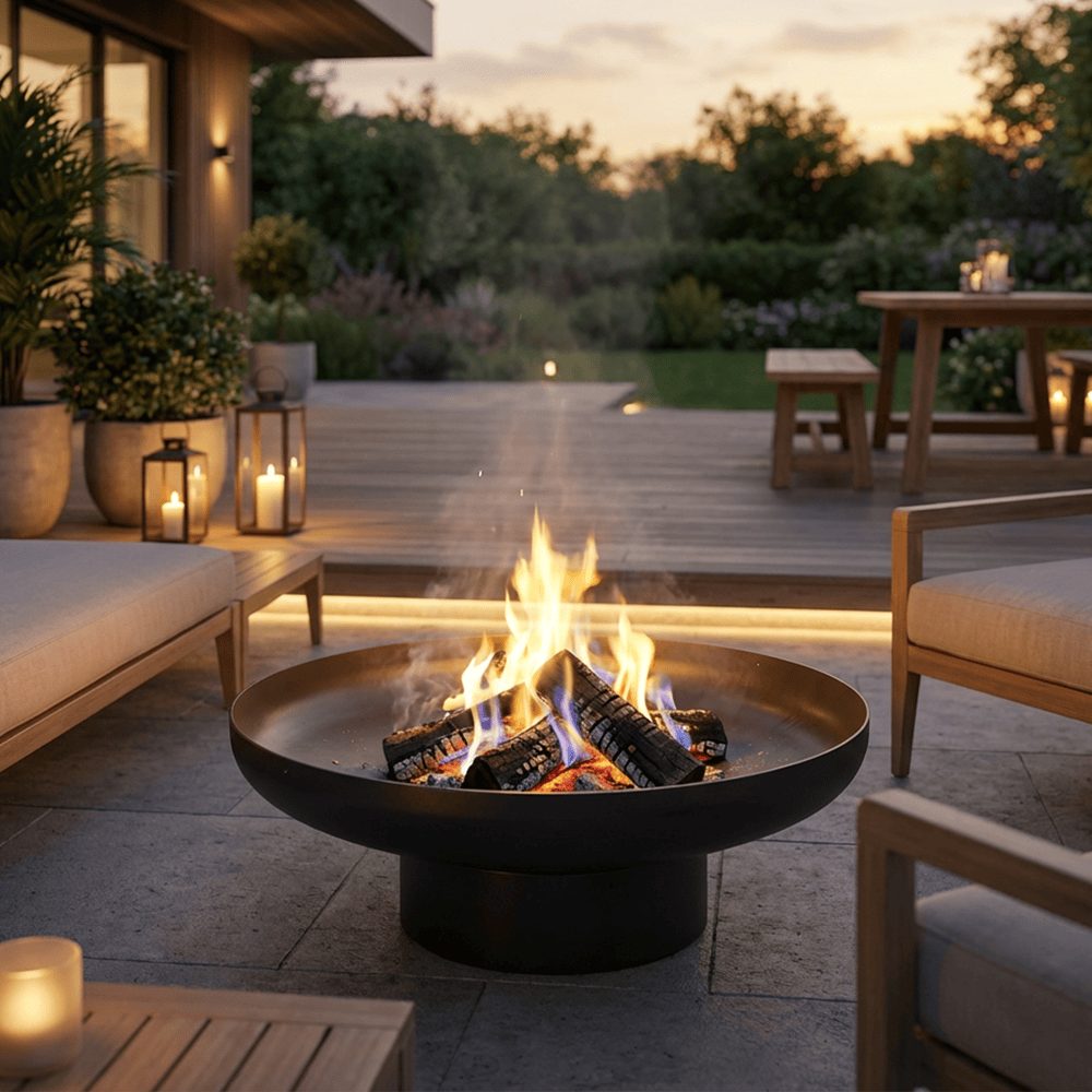 Kratki FUEGO 600 vuurschaal in de tuin in de avond