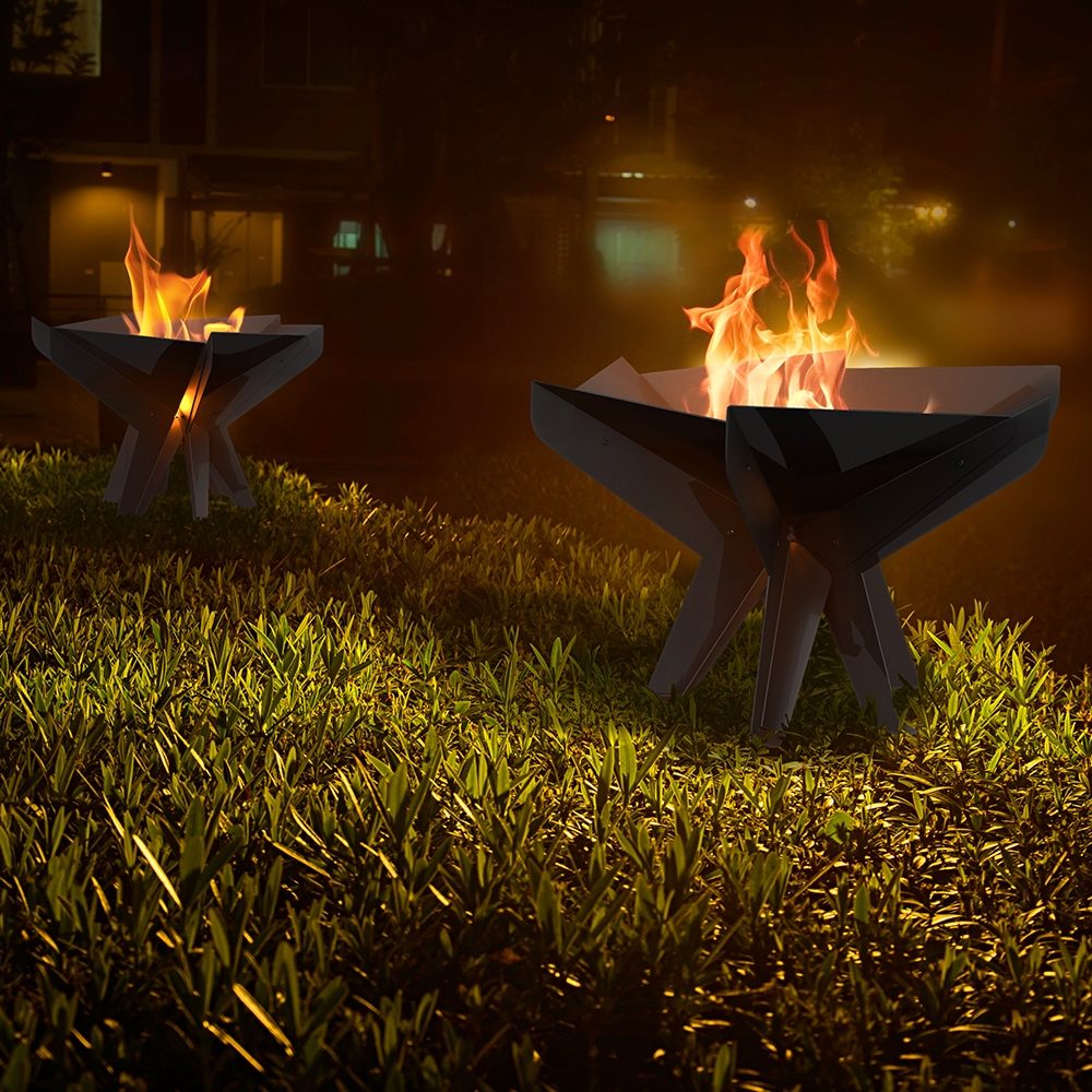 Sfeerbeeld van de Kratki HEX vuurschaal op het terras
