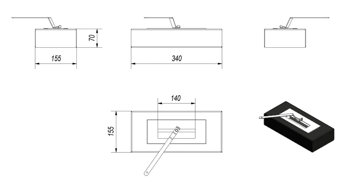 Technische tekening Kratki INDIA MINI bio-ethanol tafelhaard