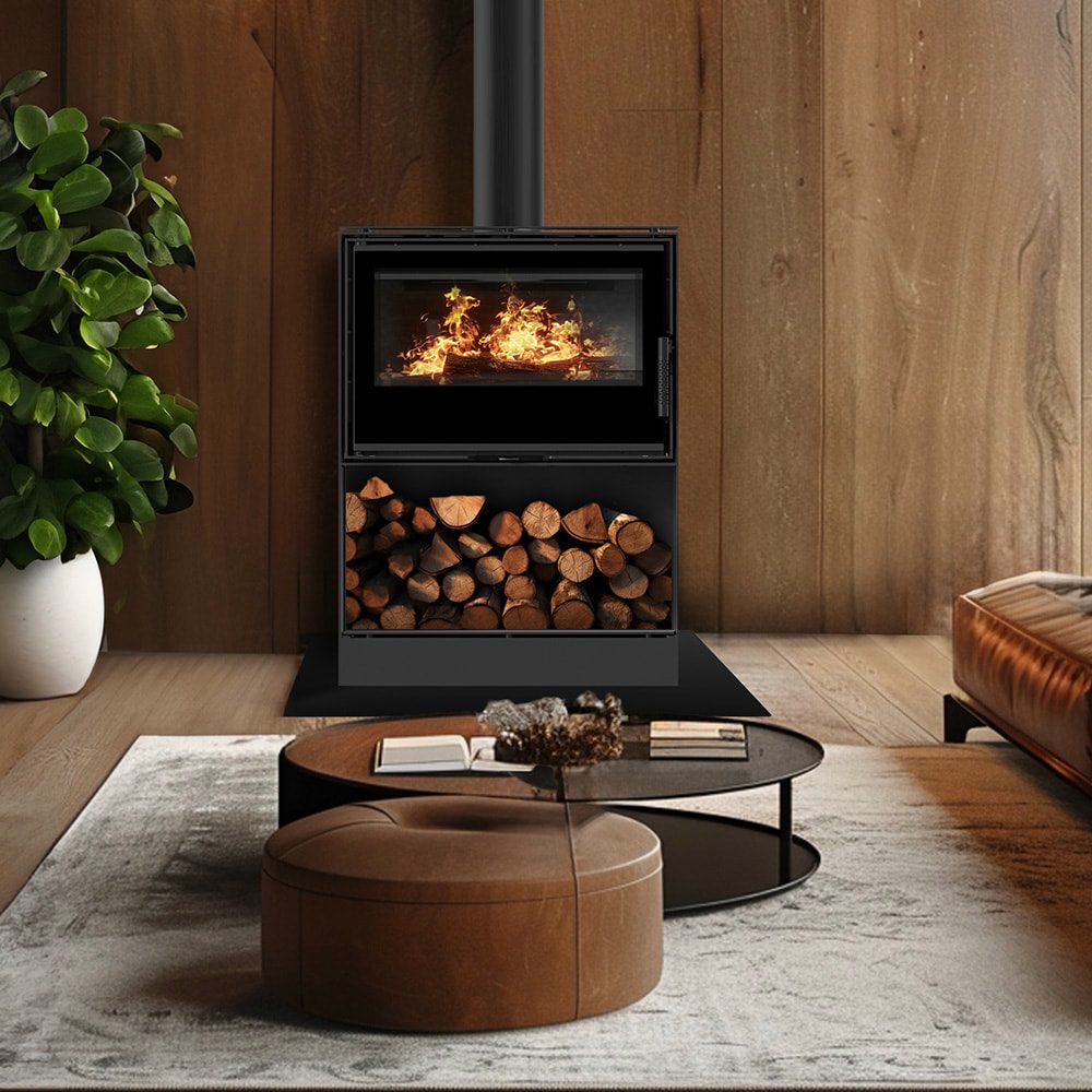 Kratki KARI 70 W met houtopslag ingebouwd in een interieur
