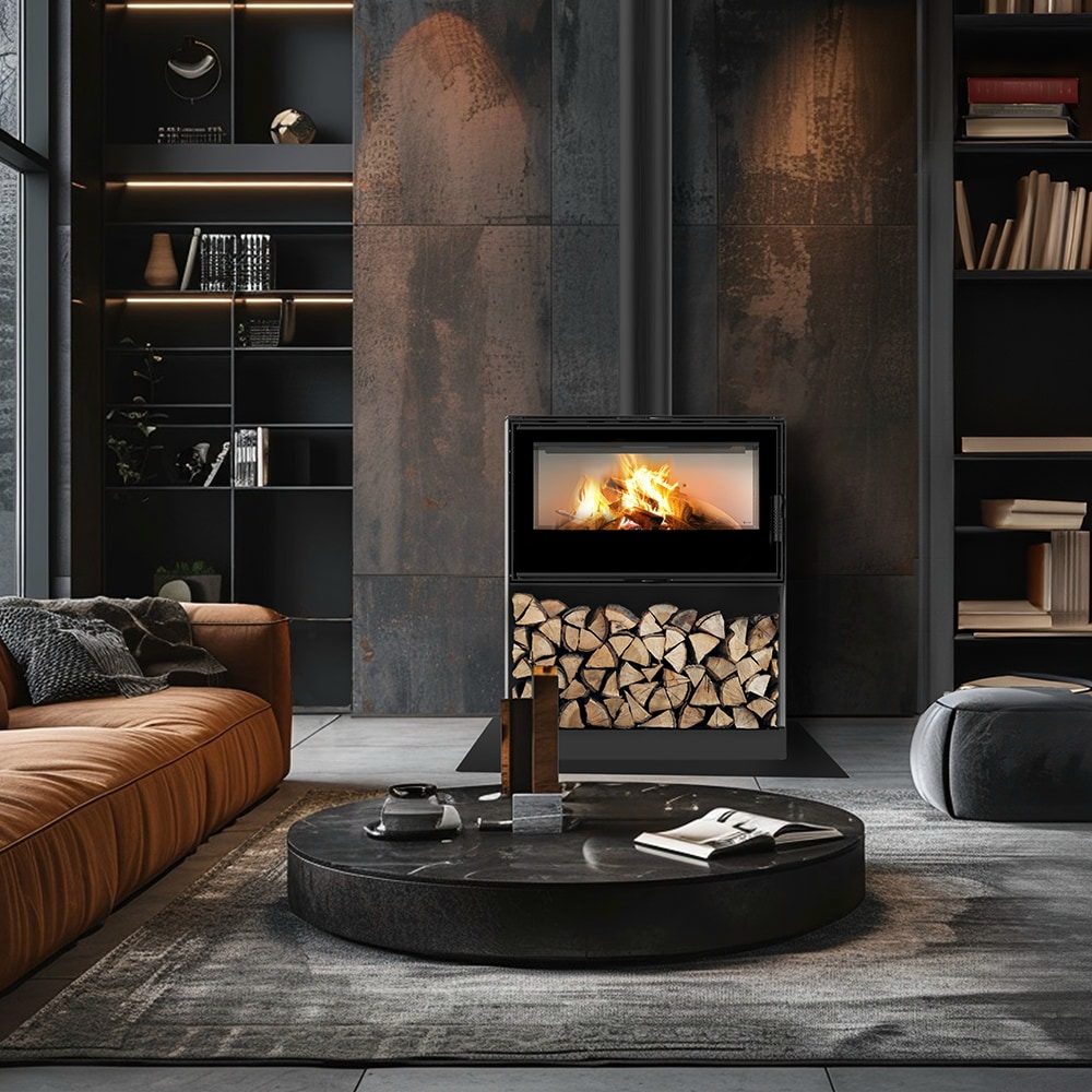 Kratki KARI 95 W met houtopslag ingebouwd in een interieur