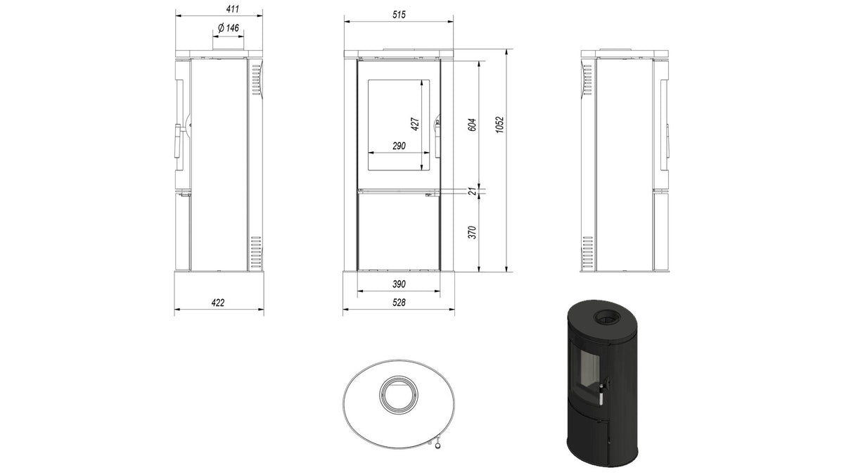 Technische maattekening van de Kratki KOZA AB houtkachel