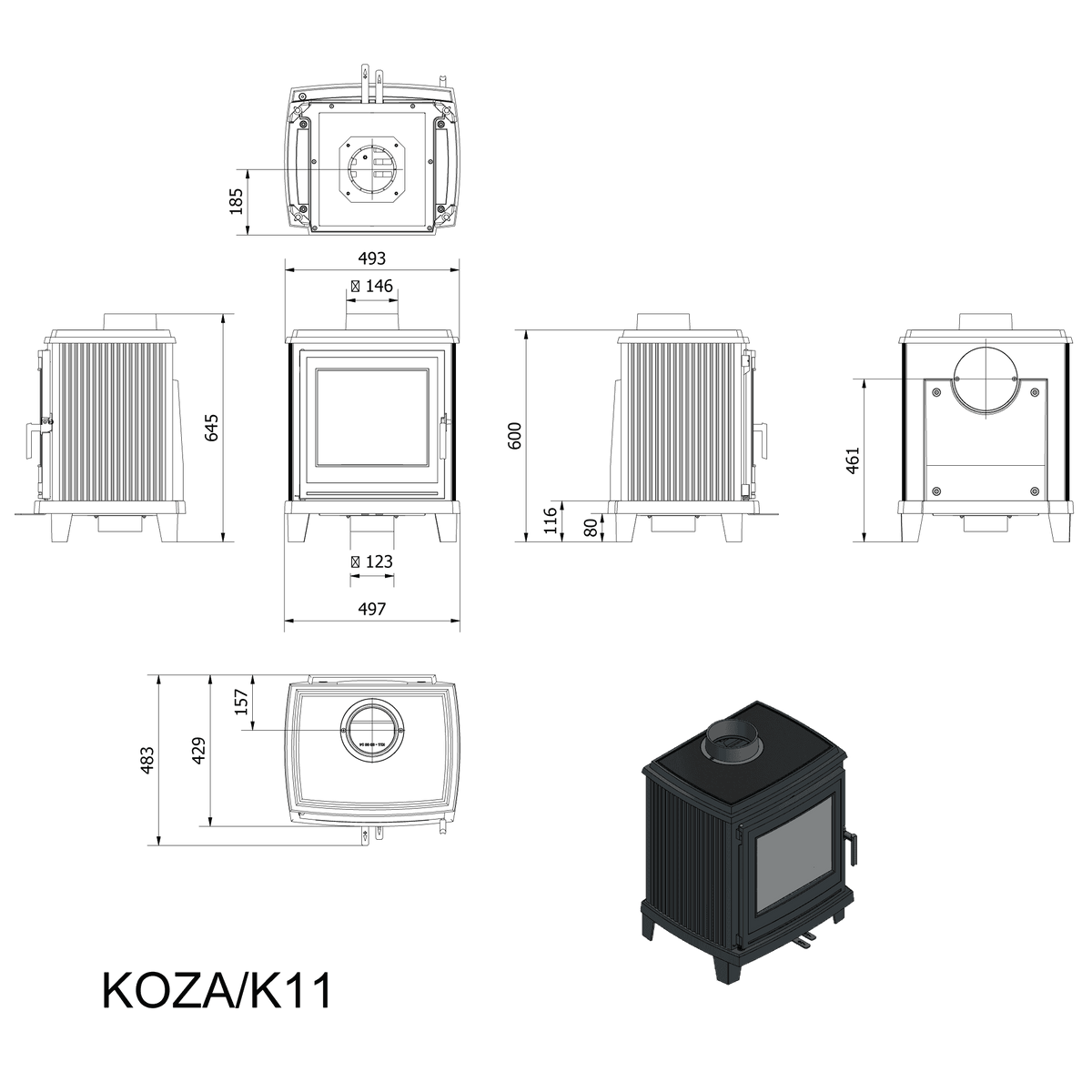 Technische tekening van de Kratki K11 houtkachel