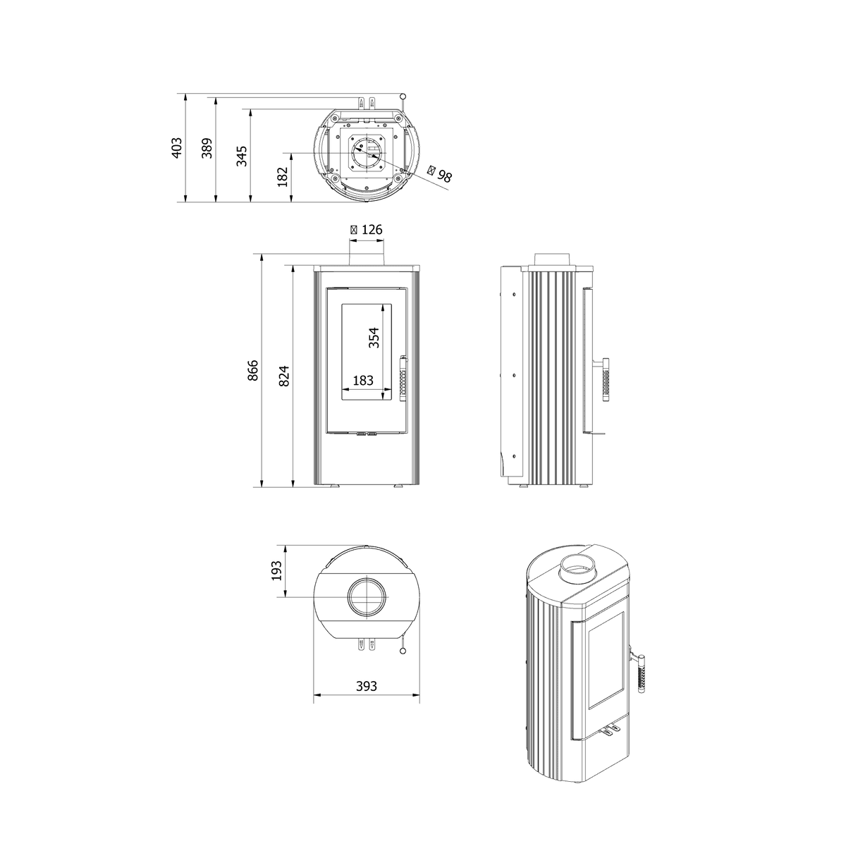 Technische tekening van de Kratki K12 houtkachel