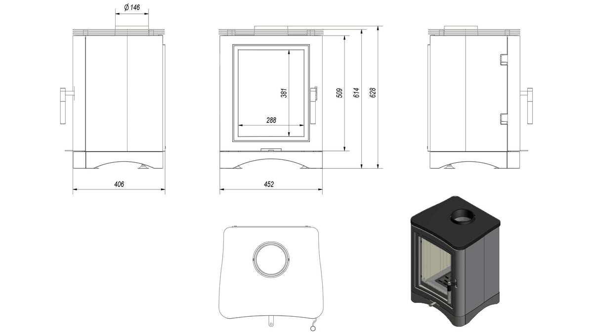 Technische tekening van de Kratki KOZA K5 houtkachel Ø 150 mm