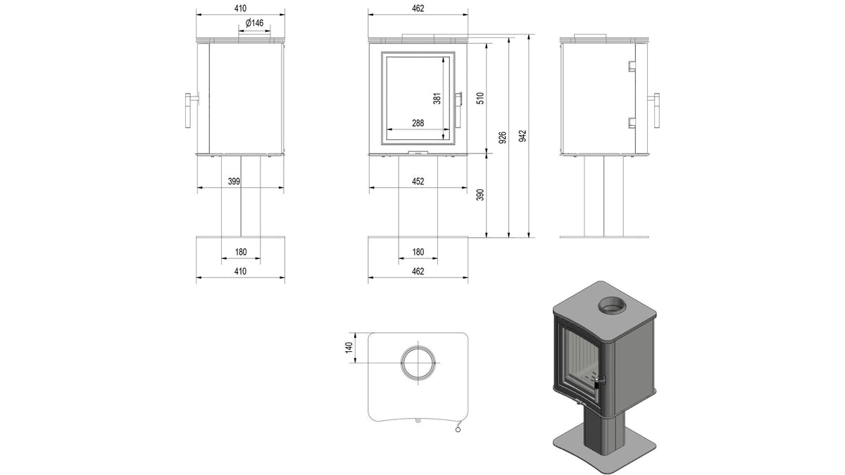 Technische maattekening van de Kratki KOZA K5 S N op voetstuk