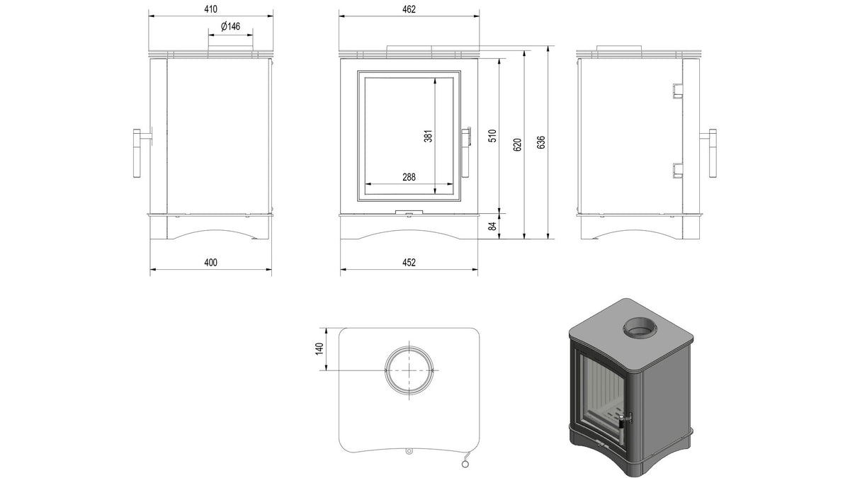 Technische maattekening van de Kratki KOZA K5 S houtkachel