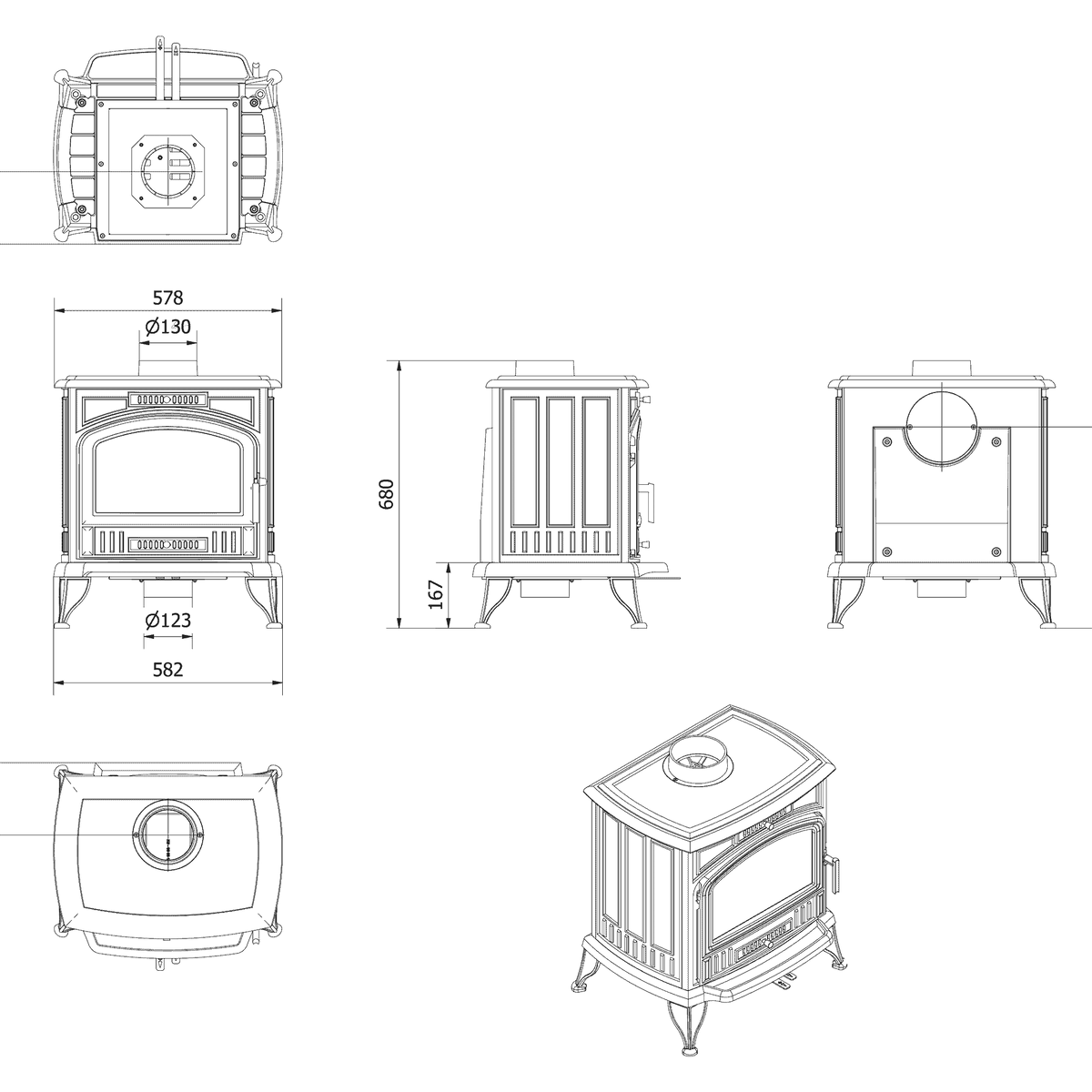 Technische tekening van de Kratki KOZA K6 ECO houtkachel