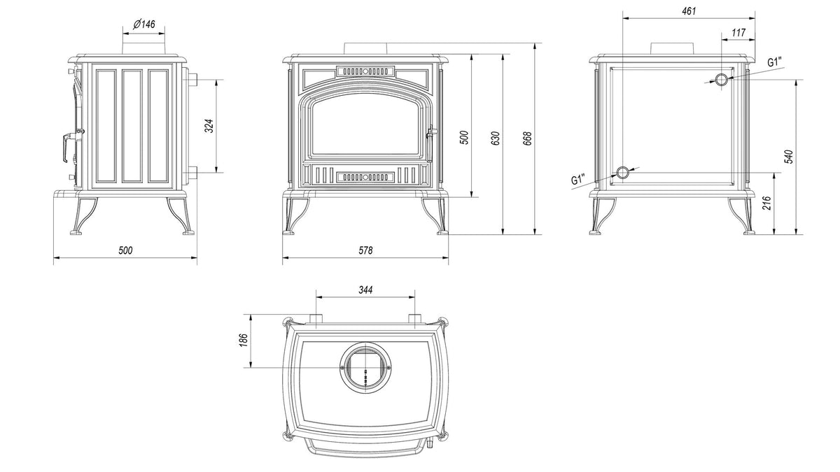 Technische Zeichnung des wasserführenden Kratki KOZA K6 Ø 150 mm