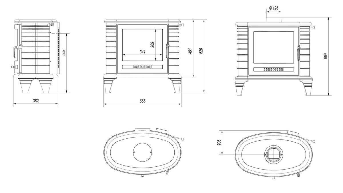 Technische maattekening van de Kratki KOZA K8 houtkachel