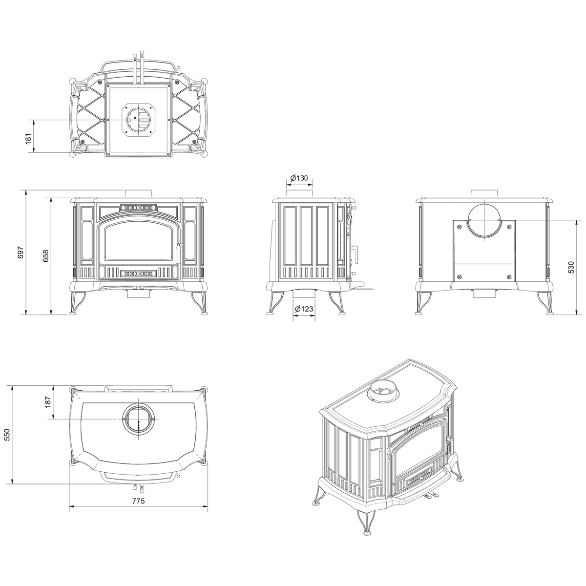 Technische tekening van de Kratki KOZA K9 ECO houtkachel