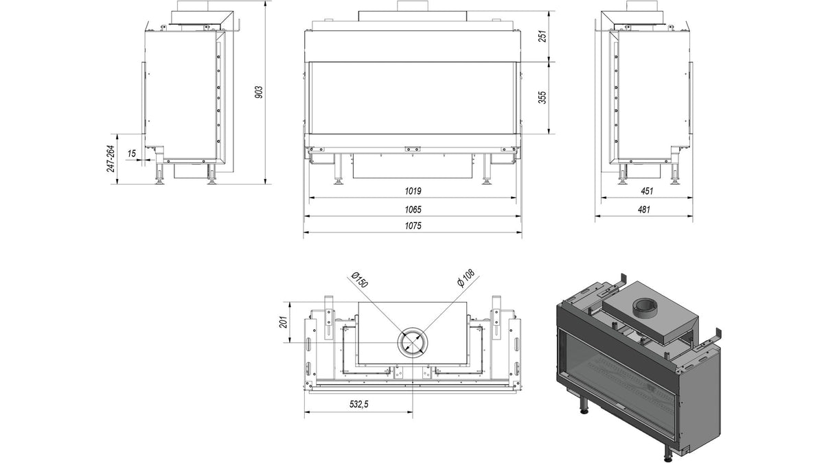 Technische maattekening van de Kratki LEO 100 frontuitvoering